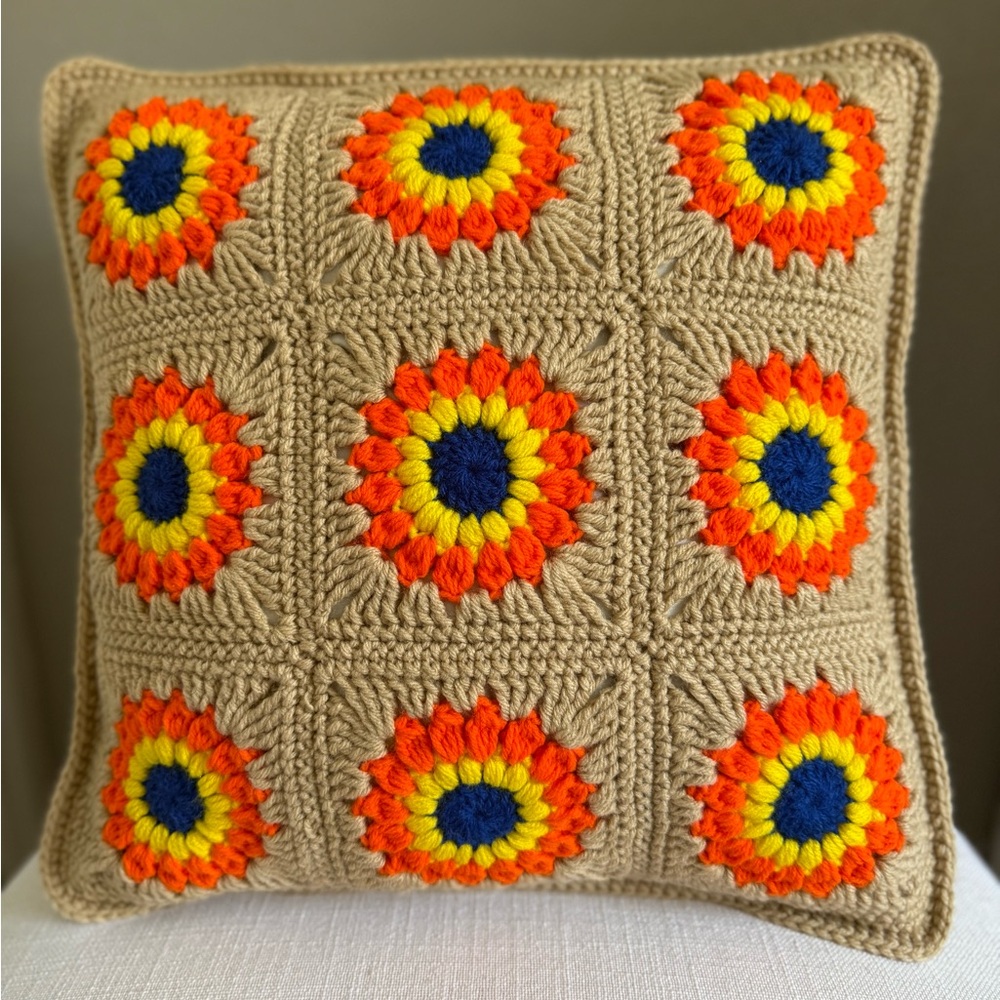 Handmade Crochet Pillow with Sunflower Design set of two